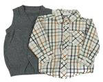 2 set - Sivá prepínaci pletená vesta + kockovaná košeľa zn. Debenhams