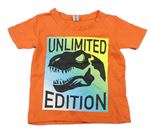 Oranžové tričko s dinosaurem a nápisem Dopodopo