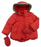 Červená vzorovaná šusťáková zimní bunda s kapucí + rukavice M&S