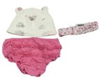 3set - Ružové kalhotky na plenku + biela bavlnená čapica so zvířaty + ružová kvetovaná čelenka