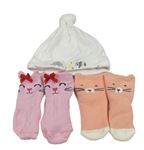 3 set - Bílá čepice + růžové ponožky s čumákem + lososové zateplené ponožky