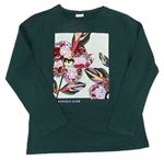 Tmavozelené triko s květy z překlápěcích flitrů a listy Zara