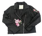 Černá koženková podšitá bunda s květy - křivák Matalan