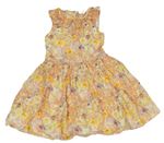 Meruňkové květované plátěné šaty s volány Next