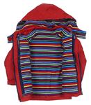 3v1 Červená šušťáková celoroční bunda s kapucí + Farebná pruhovaná fleecová mikina zn. Jojo Maman Bebé