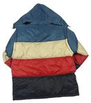 Tmavomodro-béžovo-červená šušťáková zimná bunda s kapucňou
