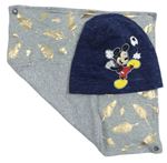 2set - Tmavomodrá melírovaná bavlněná čepice s Mickeym + šedá melírovaný slintáček s pírky