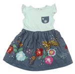Mentolovo-riflové šaty s květy a fĺitry Bluezoo