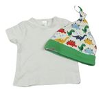 2set- bílé tričko+ bílo-zelená čepice s dinosaury