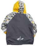 Tmavošedo-sivo-horčicová nepromokavá jarná lehce zateplená bunda s kapucňou a nápismi zn. Lupilu