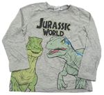 Šedé melírované triko s nápisy a dinosaury Jurský svět 