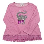 Růžové úpletové triko s kočičkou s překlápěcími flitry a madeirou Topolino