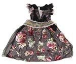 Kostým - Černo-starorůžové šaty s květy a tylem Tu